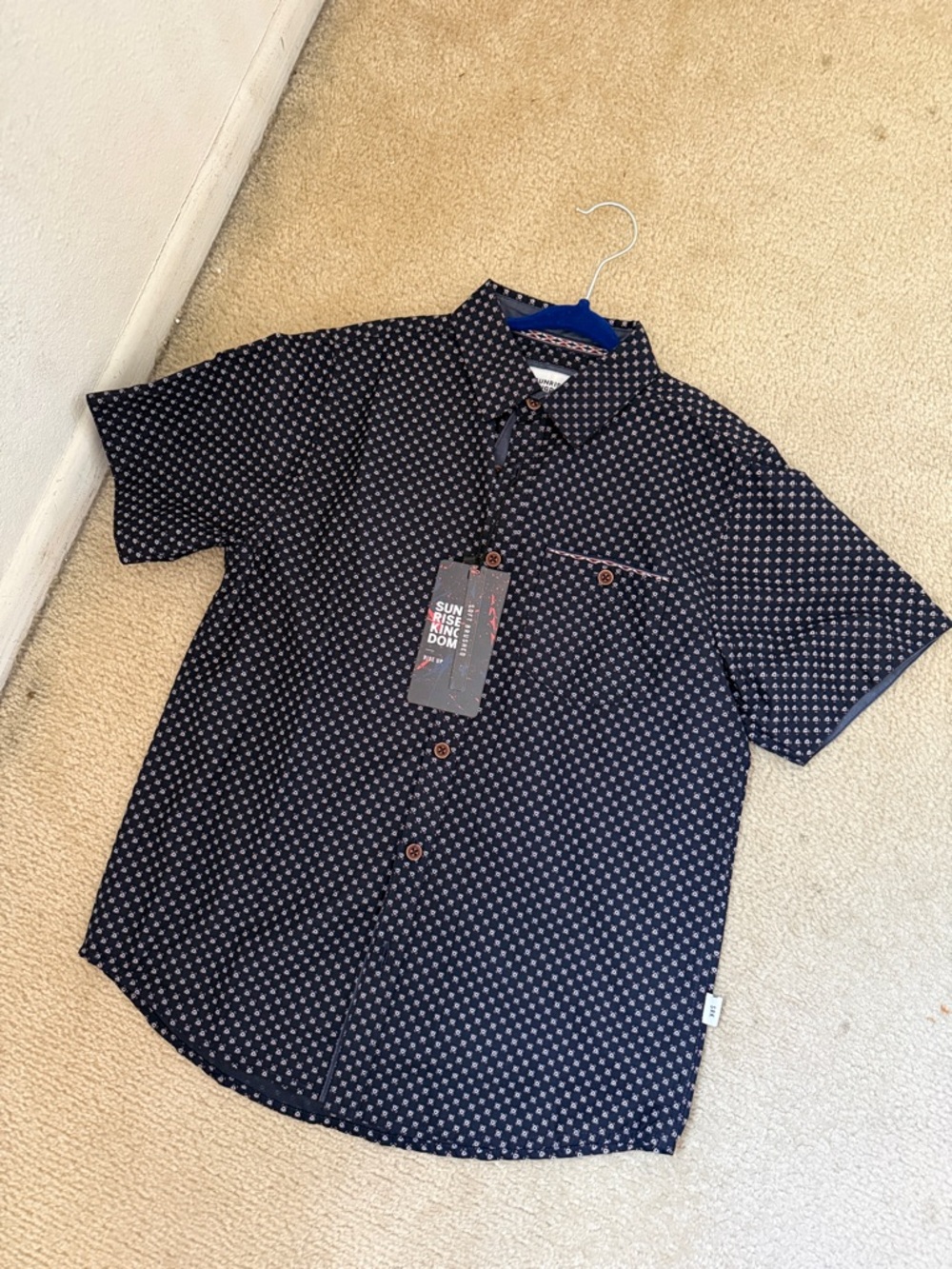 NWT Boys Short Sleeve Navy Printed Button-Up Shirt